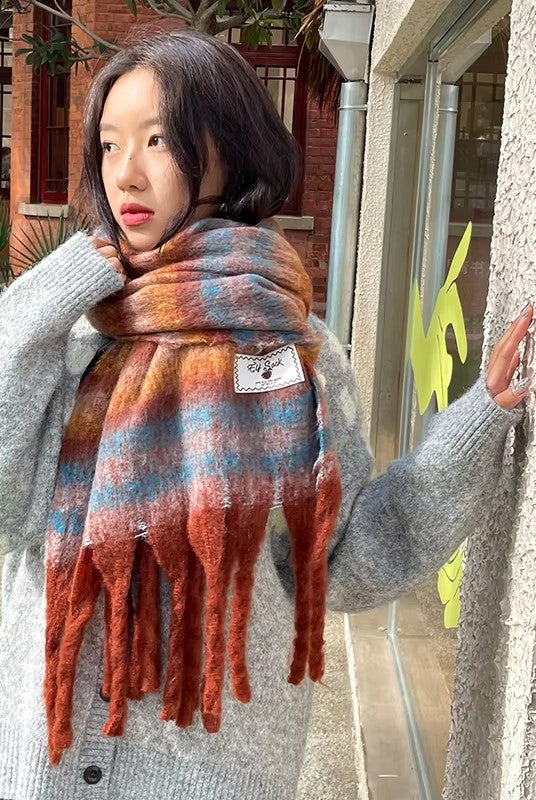 Warm Dopamine Color Block Rainbow Fringe Scarf For Women