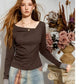 Women's Asymmetrical Draped Neck Long Sleeve Tee with Striped Cuffs, Slim Solid Casual Top for Everyday Wear