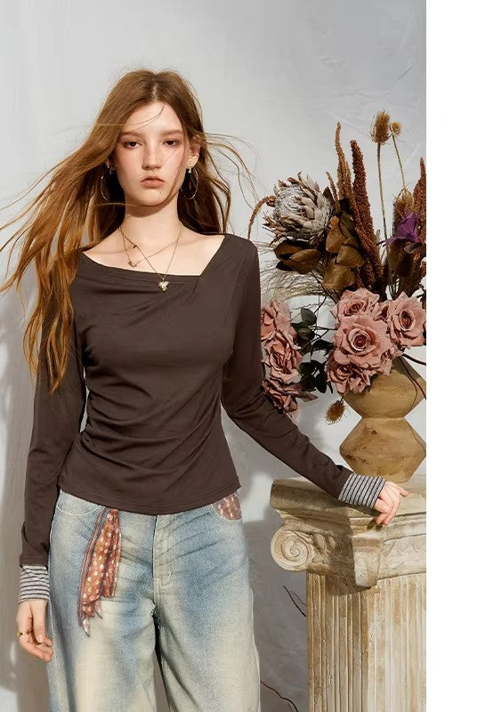 Women's Asymmetrical Draped Neck Long Sleeve Tee with Striped Cuffs, Slim Solid Casual Top for Everyday Wear