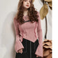 Women's Asymmetrical Ribbed Knit Top with Letter Embroidery, Flare Long Sleeve Pink Tee for Everyday Casual