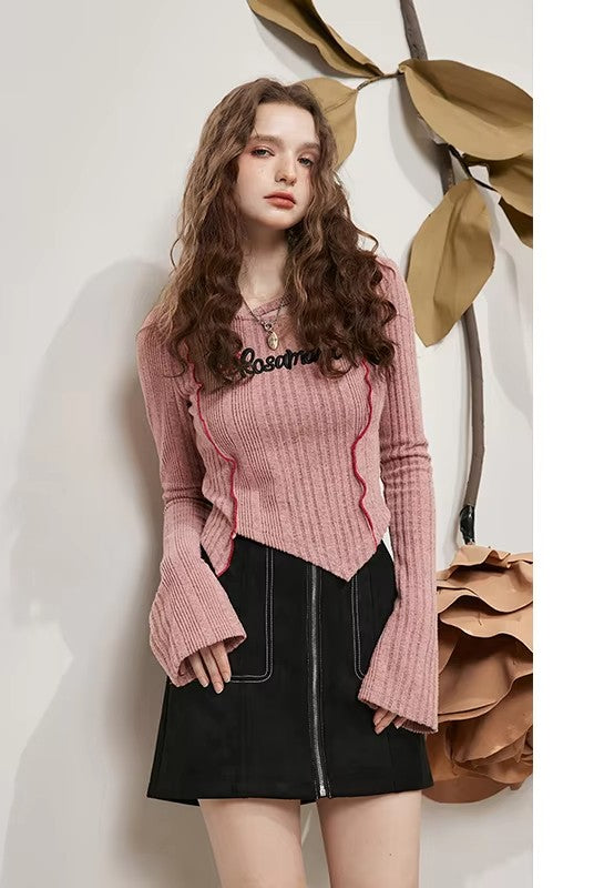 Women's Asymmetrical Ribbed Knit Top with Letter Embroidery, Flare Long Sleeve Pink Tee for Everyday Casual