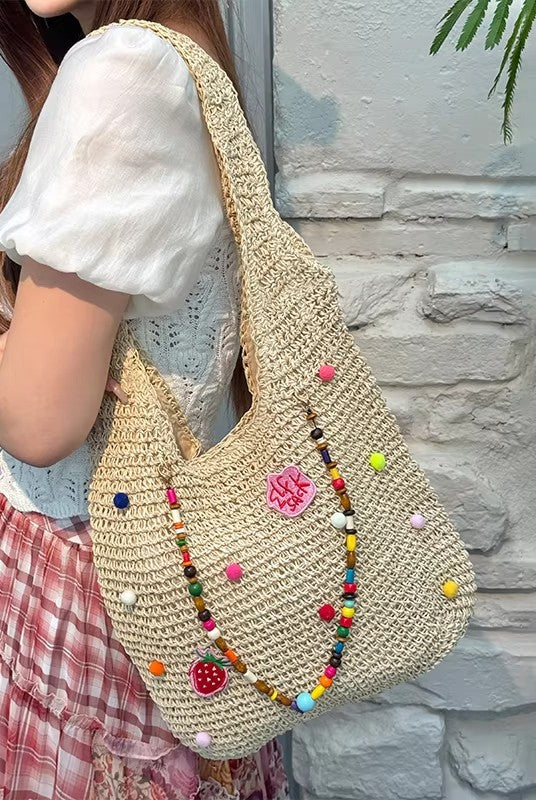 Women's Boho Crochet Straw Shoulder Bag with Colorful Beads, Large Summer Beach Tote Bag, Casual Vacation Handbag