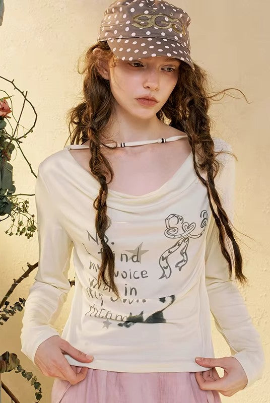 Women's Casual Graphic Long Sleeve Tee with Cat & Letter Print, Loose Fit Cowl Neck Top for Everyday