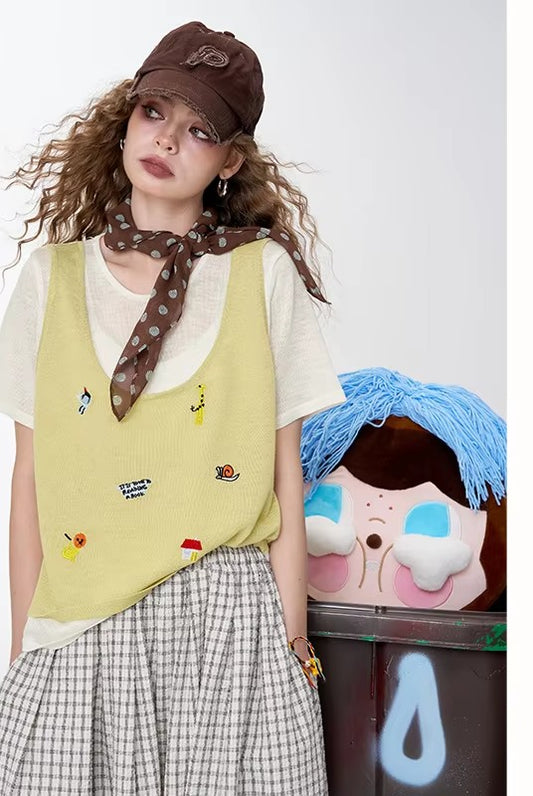 Women's Casual Y2K Top Summer New Arrival Animal Embroidery Short Sleeve Knitwear Shirt Design Fake Two-Piece