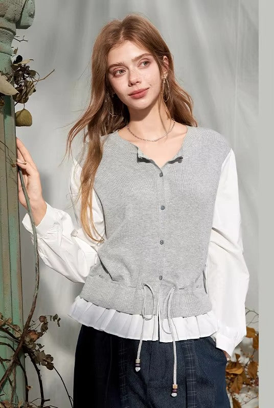 Women's Contrast Patchwork Cardigan with Drawstring Waist, Round Neck Long Sleeve Casual Top for Everyday Wear
