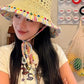 Women's Crochet Straw Bucket Hat, Beaded Tassel Sun Hat with Adjustable Chin Strap for Beach