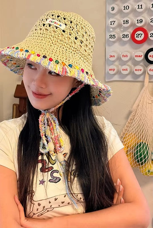 Women's Crochet Straw Bucket Hat, Beaded Tassel Sun Hat with Adjustable Chin Strap for Beach