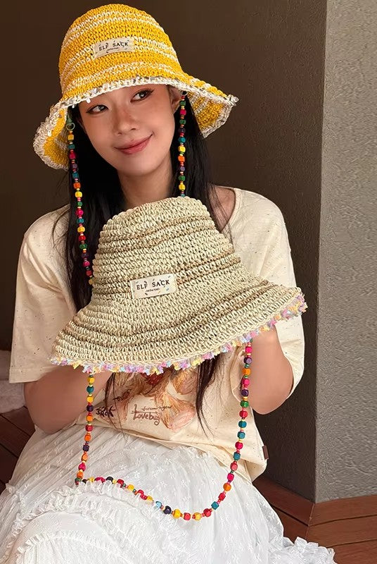 Women's Crochet Straw Bucket Hat with Colorful Bead Chain, Striped Woven Sun Hat for Summer Beach, Cute Casual Vacation