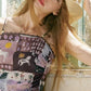 Women's Cropped Cami Top with Horse Patchwork Mural Print, Spaghetti Strap Fitted Tank for Summer