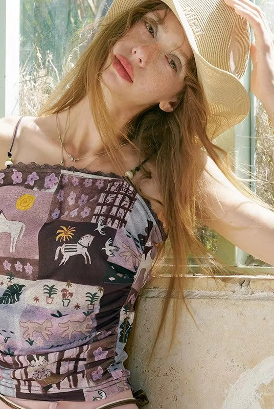 Women's Cropped Cami Top with Horse Patchwork Mural Print, Spaghetti Strap Fitted Tank for Summer