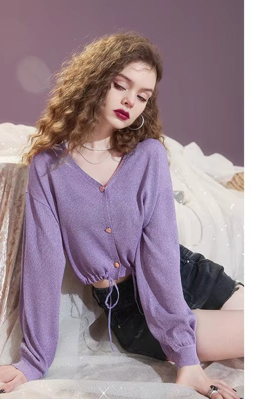 Women's Cropped Knit Cardigan with Drawstring Hem, V Neck Long Sleeve Top for Everyday, Casual Loose Fit Purple Sweater