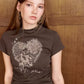 Women's Cropped T-Shirt with Heart Graphic Print, Ruched Side Short Sleeve Top for Everyday