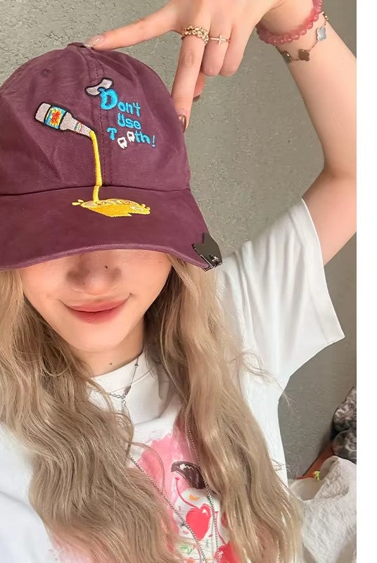 Women's Cute Embroidered Baseball Cap, Vintage Washed Cotton Dad Hat with Funny Print, Adjustable Casual Daily Sun Hat