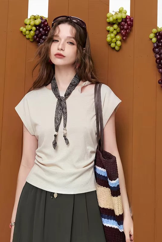 Women's Cutout Shoulder Ruched T-Shirt, Asymmetric Hem Short Sleeve Top, Casual Slim Fit Y2K Style Tee