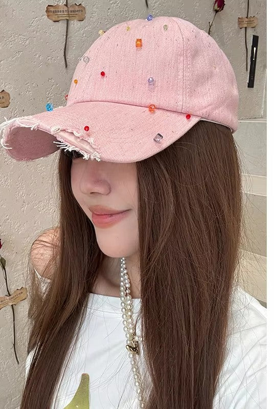 Women's Distressed Denim Baseball Cap with Colorful Beads, Light Blue Frayed Brim Hat for Beach, Sweet Street Accessory