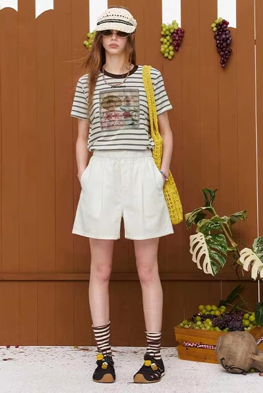 Women's Elastic Waist Cotton Shorts, High Waist Casual Wide Leg Denim Shorts, Loose Fit Loungewear for Summer