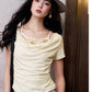 Women's Elegant Fake Two Piece Ruched Cowl Neck T-Shirt, Lace Trim Ribbed Knit Crop Top with Bead Detail