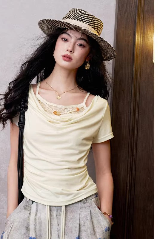Women's Elegant Fake Two Piece Ruched Cowl Neck T-Shirt, Lace Trim Ribbed Knit Crop Top with Bead Detail