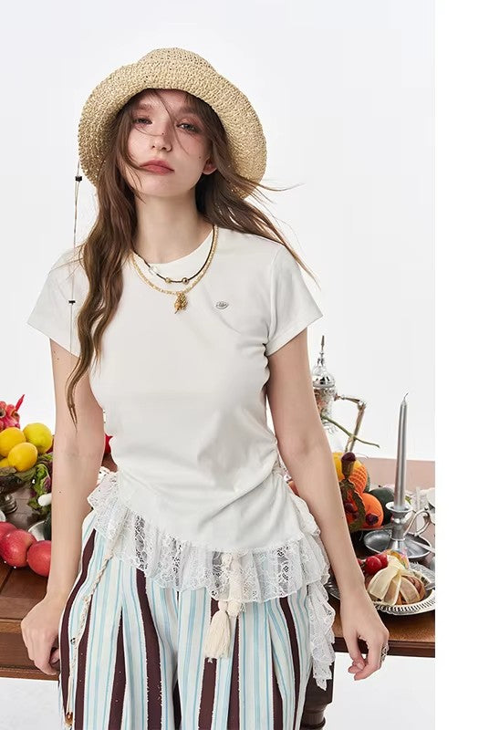 Women's Elegant Slim T-Shirt with Layered Lace Hem, Chic White Ruffle Tee for Daily Wear, Graceful Commute Top