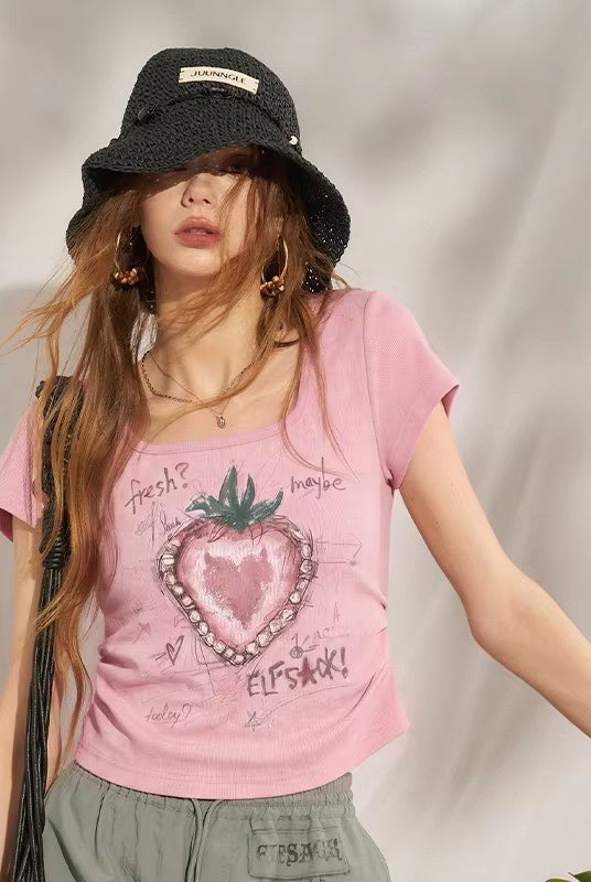 Women's Fitted Square Neck T-Shirt with Sketch Strawberry Heart Graphic Print, Cap Sleeve Ruched Crop Tee for Summer