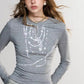 Women's Gray Long Sleeve T-Shirt with Layered Pearl Necklace Print, Casual Crew Neck Top for Daily Wear