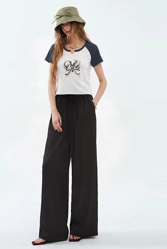 Women's High Waist Drawstring Satin Wide Leg Pants, Casual Loose Fit Solid Color Trousers, Elegant Silky Summer Bottoms