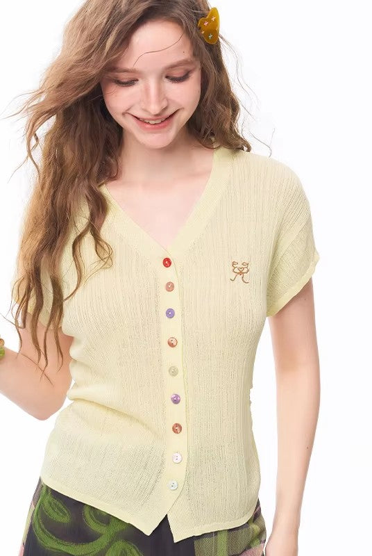 Women's Knit Blouse with Colorful Buttons & Logo Embroidery, V Neck Ruched Crop Top for Daily