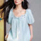Women's Lace Embroidered Square Neck Blouse, Puff Sleeve Ruffle Neck Casual Loose Top