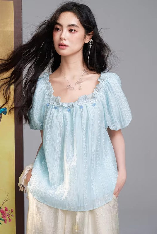 Women's Lace Embroidered Square Neck Blouse, Puff Sleeve Ruffle Neck Casual Loose Top