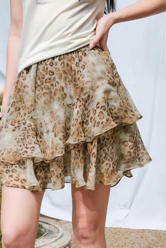 Women's Mini Skirt with Shimmery Leopard Print & Tiered Ruffle Detail, Chic Elastic Waist Lightweight Bottom for Summer