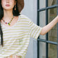 Women's Minimal Striped T‑Shirt with Embroidered Cat Pocket Detail, Short Sleeve Regular Tee for Summer, Soft Daily Wear
