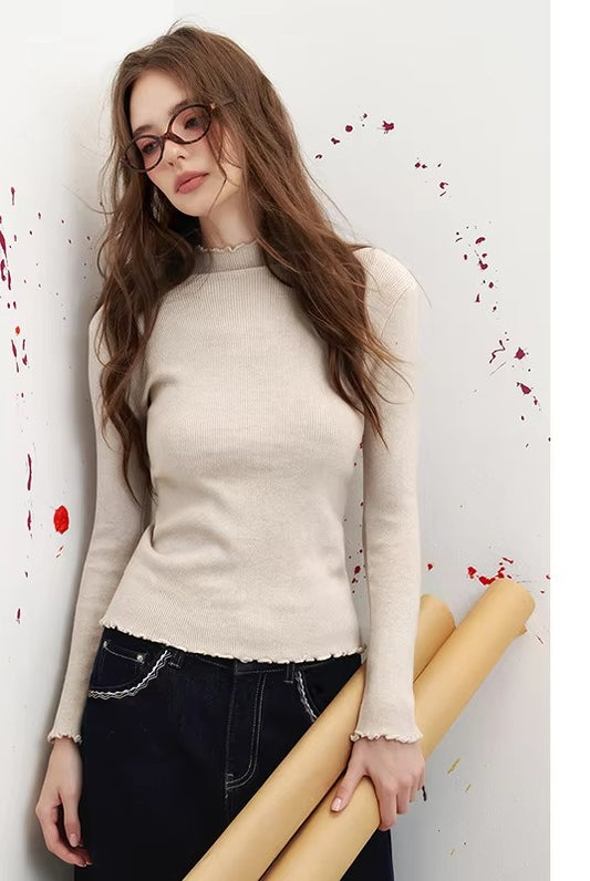 Women's Mock Neck Ribbed Knit Top with Ruffle Trim, Slim Fit Long Sleeve Sweater, Casual Everyday Light Purple Knitwear