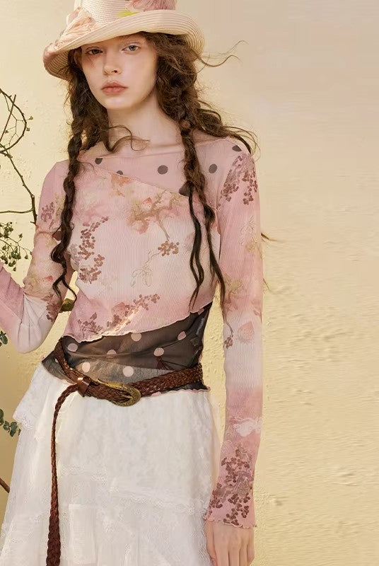 Women's Oriental Asymmetrical T-shirt with Floral Polka Dot Print, Lightweight Long Sleeve Patchwork Tee for Summer