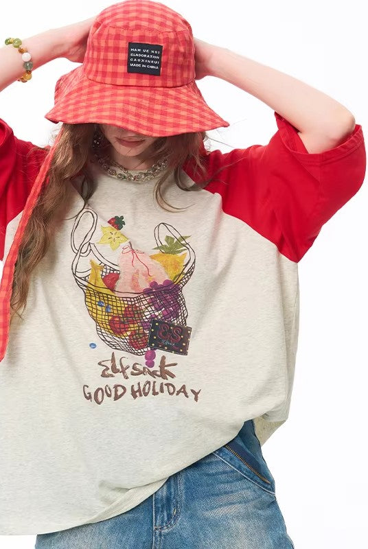 Women's Raglan 3/4 Sleeve T-Shirt with Fruit Basket Graphic Print, Color Block Loose Tee for Daily, Casual Oversized Top