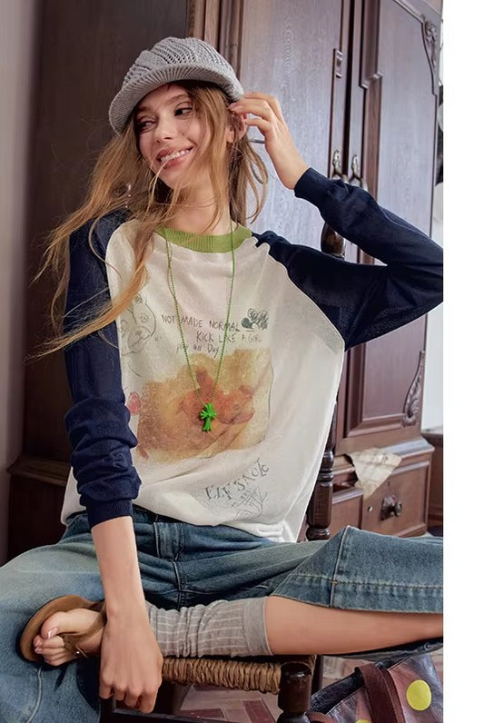 Women's Raglan Long Sleeve Knitwear with Bear Graphic Print, Contrast Crew Neck Casual Top