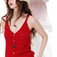 Women's Red Heart Cutout Knit Cami Top, Crochet Flower Buttons with Distressed Hem, Boho Casual Summer Tank Top