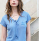 Women's Ribbed Knit T-Shirt with Tie V Neck, Sweet Short Sleeve Blue Tee for Summer, Mermaid Aesthetic Casual Top