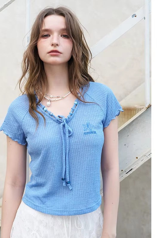 Women's Ribbed Knit T-Shirt with Tie V Neck, Sweet Short Sleeve Blue Tee for Summer, Mermaid Aesthetic Casual Top