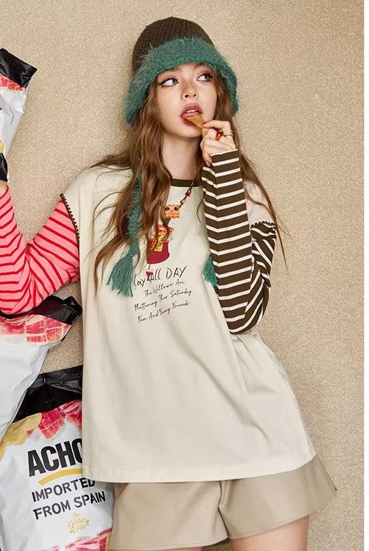Women's Ringer Long Sleeve Tee with Cartoon Graphic Print, Contrast Striped Sleeve Top for Everyday Casual