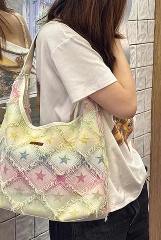 Women's Star Print Denim Hobo Bag, Gradient Color Fringed Shoulder Tote, Large Capacity Casual Aesthetic Shopper Bag