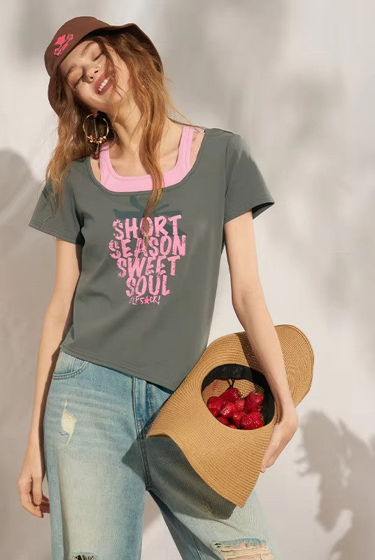 Women's Strawberry Letter Print Ribbed Knit T-Shirt, Cute Slim Fit Casual Streetwear Crop Top, 2 Colors Available