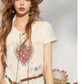 Women's Strawberry Print Lace-Up T-Shirt, Puff Sleeve Knit Punk Streetwear Top, Sweet Grunge Y2K Tee