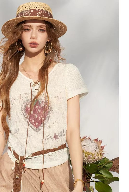 Women's Strawberry Print Lace-Up T-Shirt, Puff Sleeve Knit Punk Streetwear Top, Sweet Grunge Y2K Tee