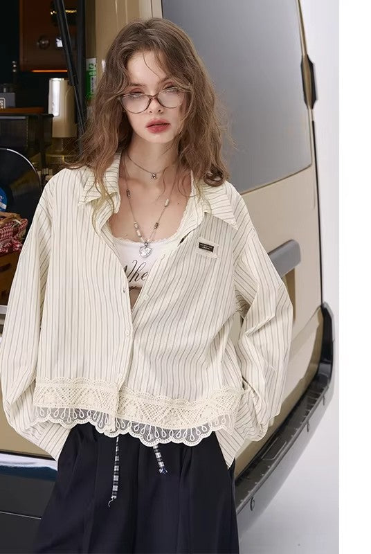 Women's Striped Crop Blouse with Lapel Collar, Casual Long Sleeve Top for Everyday Wear, Chic Asymmetrical Hem Shirt