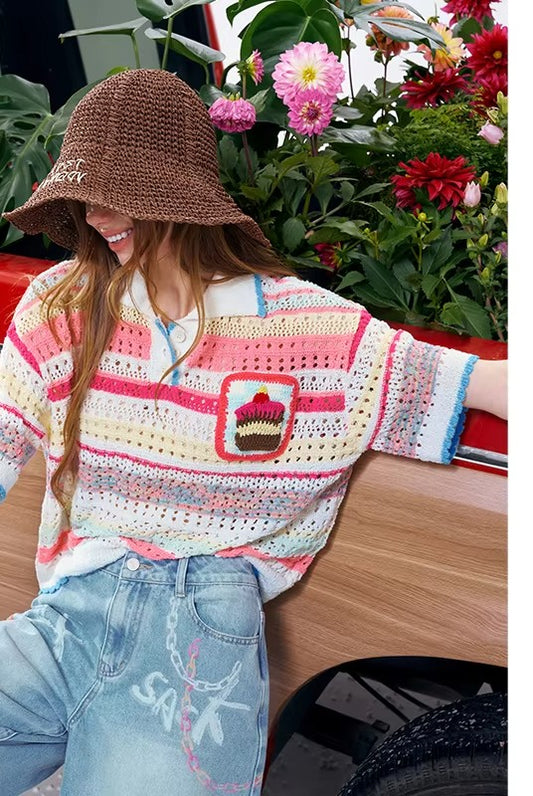 Women's Sweet Colorful Striped Knit Top, Crochet Cake Pocket Openwork Polo T-Shirt, Cute Summer Short Sleeve Knitwear