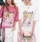 Women's Sweet Short Sleeve Graphic Tee with Cute Print, T-Shirt with Multiple Color Options, Loose Casual Autumn Top