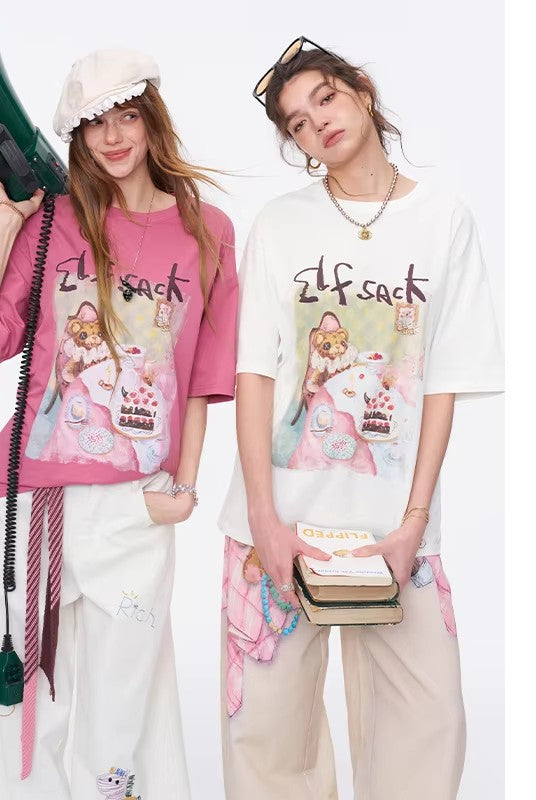 Women's Sweet Short Sleeve Graphic Tee with Cute Print, T-Shirt with Multiple Color Options, Loose Casual Autumn Top