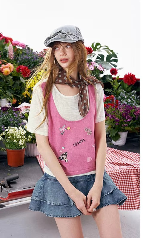 Women's Two Piece Knitwear, Cute Embroidered Tank Top + Short Sleeve T-Shirt, Casual Breathable Outfit for Daily