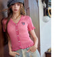 Women's V-Neck Button Front Knit Top with Floral Embroidery, Ruffled Hem Short Sleeve Knitwear, Cute Casual Slim Fit Top
