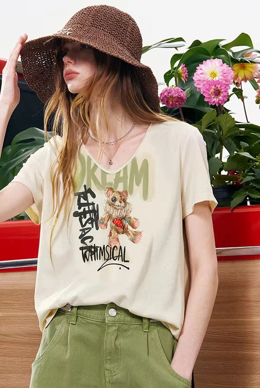 Women's V-Neck Casual T-Shirt with Graffiti Stitch Teddy Bear Graphic Print, Short Sleeve Regular Soft Tee for Summer